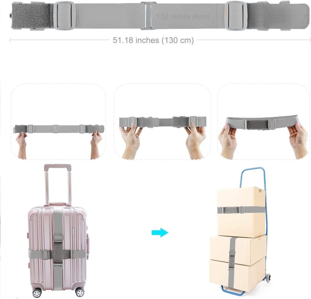 Luggage Straps,2 PCS High Elastic Suitcase Belt with Anti-Pinch Buckles, Heavy Duty Bag Bungees Travel Accessories, One Short and One Long,Gray - Image 2