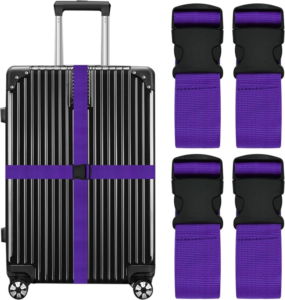 Luggage Straps for Suitcases Travel Belt Suitcase Strap, Heavy Duty with Quick-Release Buckle Suitcase Safe Belt with Name Card, Bright Color Adjustable Luggage Belts,  Approved, 4 Pack, Purple