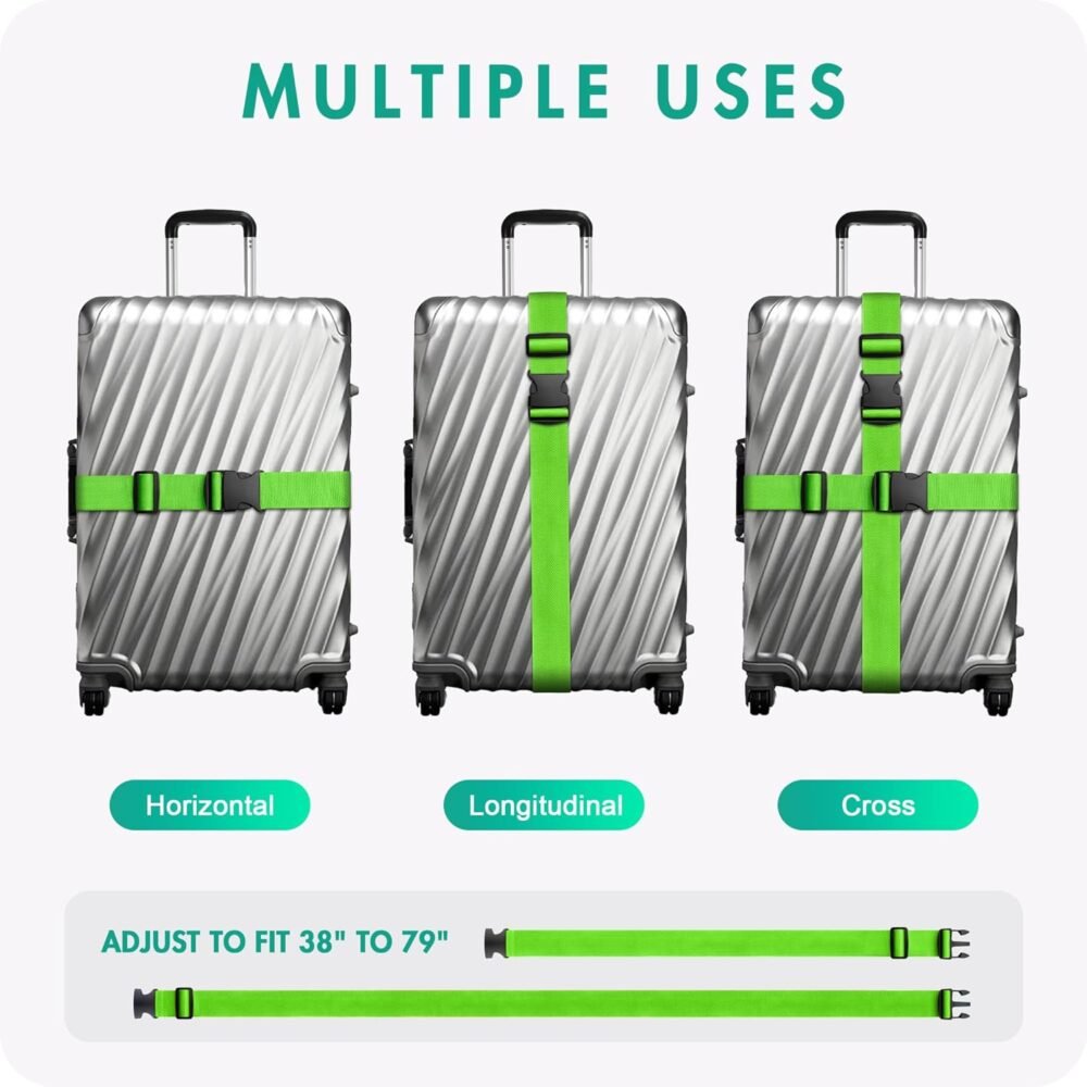 4 Pack Luggage Straps 79" Long Belts Keep Suitcase Secure, Easy to Identify Travel Belt Connector Holds Suitcase Together, Extends Life of Bag, Green - Image 2