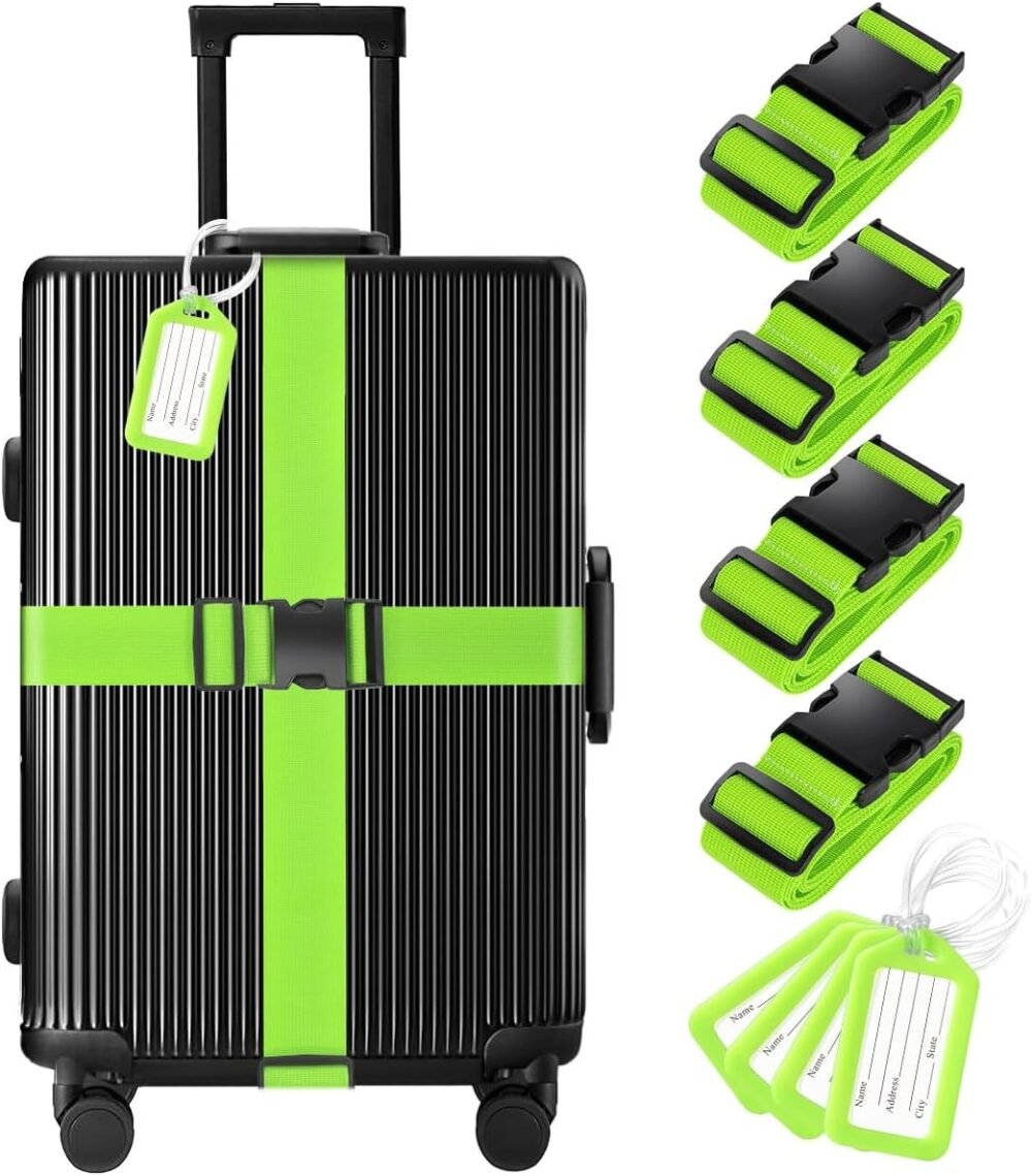 8 Pack Luggage Straps and Tags Set - 4 Straps, 4 Tags,  Approved Suitcase Belt, Green