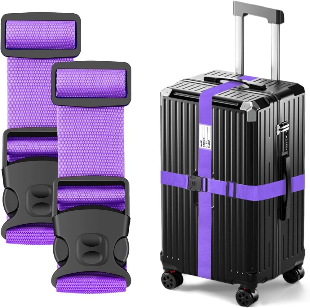 Luggage Straps 88 inch Adjustable Suitcase Belt, Lockable Against Accidental Opening, Easy to Identify Travel Accessories, Add a Bag Connector (Lucky Purple, 2)