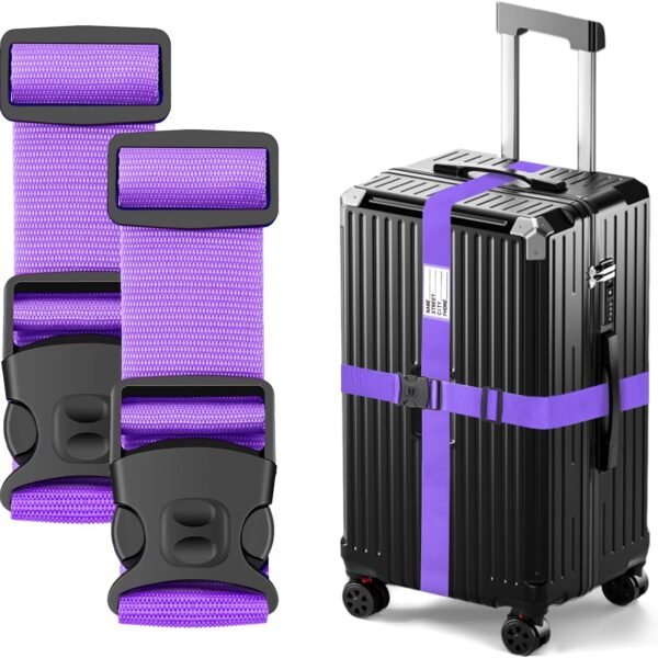 Luggage Straps 88 inch Adjustable Suitcase Belt, Lockable Against Accidental Opening, Easy to Identify Travel Accessories, Add a Bag Connector (Lucky Purple, 2)