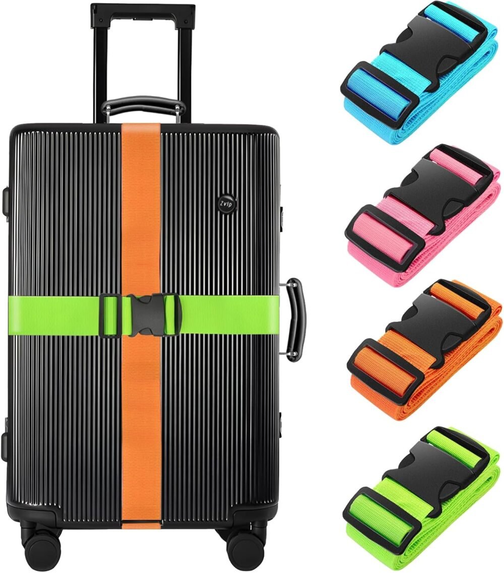 4 Pack Luggage Straps 79" Long Belts Keep Suitcase Secure While Traveling,  Approved Add a Bag Premium Accessory for Travel Bag Closure (Blue+Orange+Rose Pink+Green)