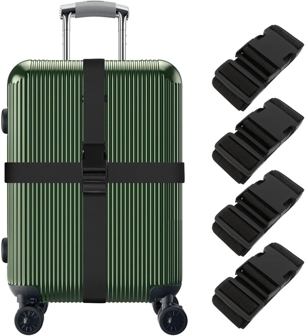 4 Pieces Luggage Straps, Heavy Duty with Quick-Release Buckle Suitcase Safe Belt with Name Card, Adjustable Suilcase Straps, Black