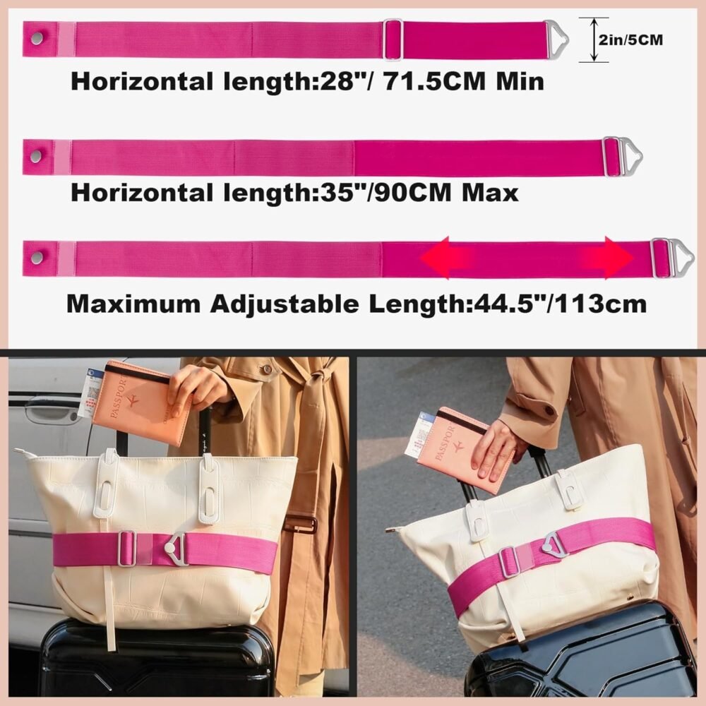 2-in-1 Travel Belt for Luggage Straps Add a Bag Bungees Suitcase Luggage Strap Over Handle Suitcases Belt for Carry On Bag Adjustable Backpack Attachment Airport Travel Accessories Rose - Image 2