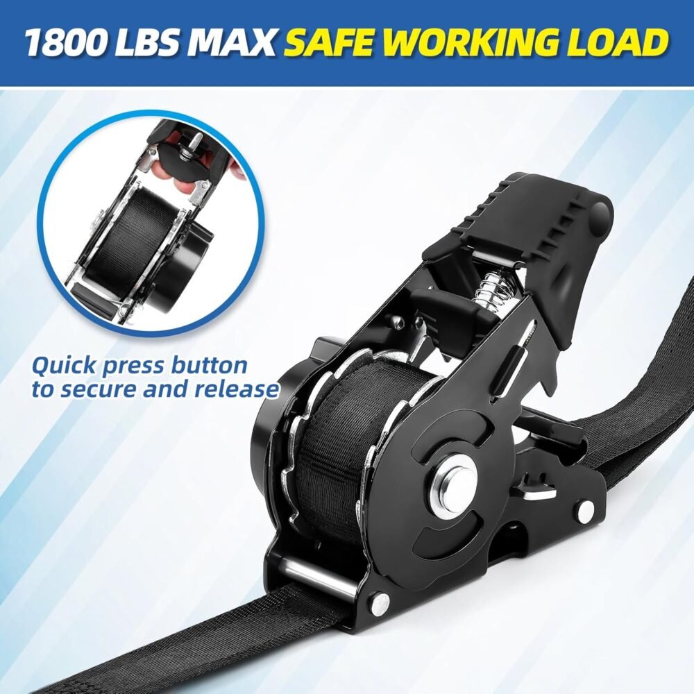 Retractable Ratchet Strap Heavy Duty 2 Pack 10 FT 1800 LB Break Strength Ratchet Tie Down with Safety Lock S Hooks and Soft Loop Tie Down. - Image 2