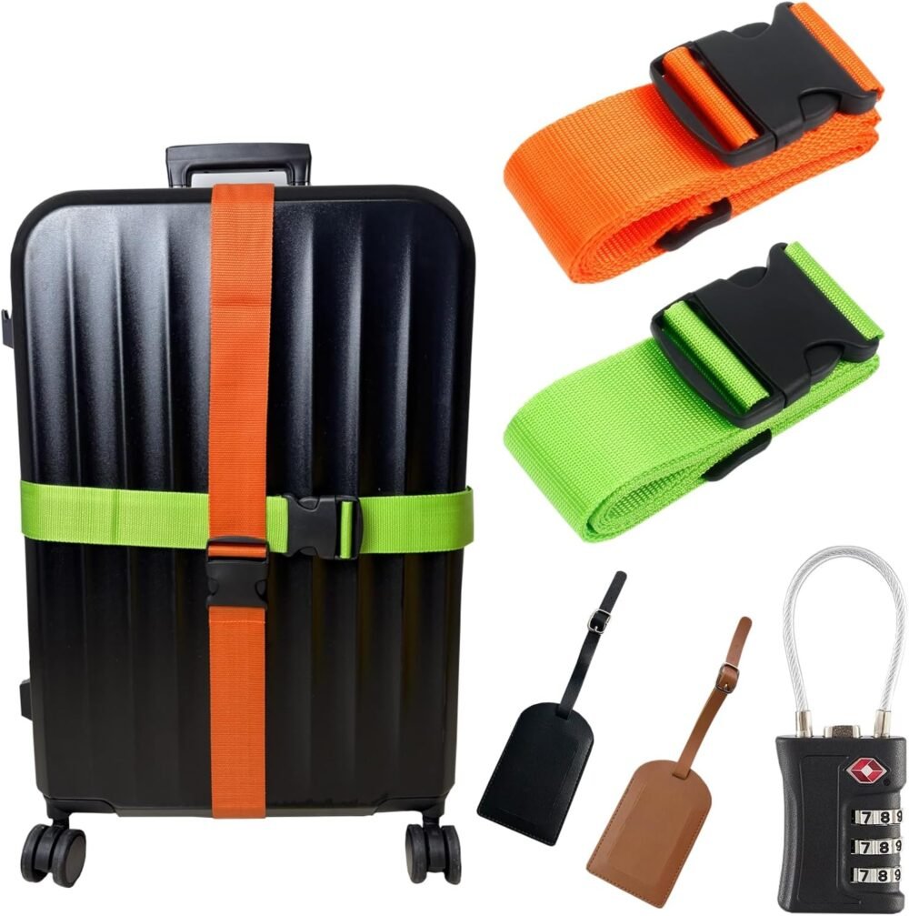 Luggage Straps with  Approved Lock, Leather Tags Set for Travel,Long Belts Keep Suitcase Secure While Traveling, Travel Accessories Essential