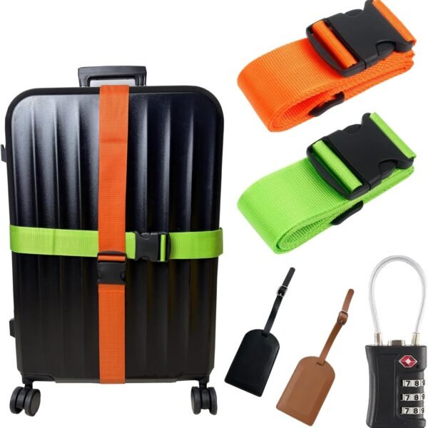 Luggage Straps with  Approved Lock, Leather Tags Set for Travel,Long Belts Keep Suitcase Secure While Traveling, Travel Accessories Essential