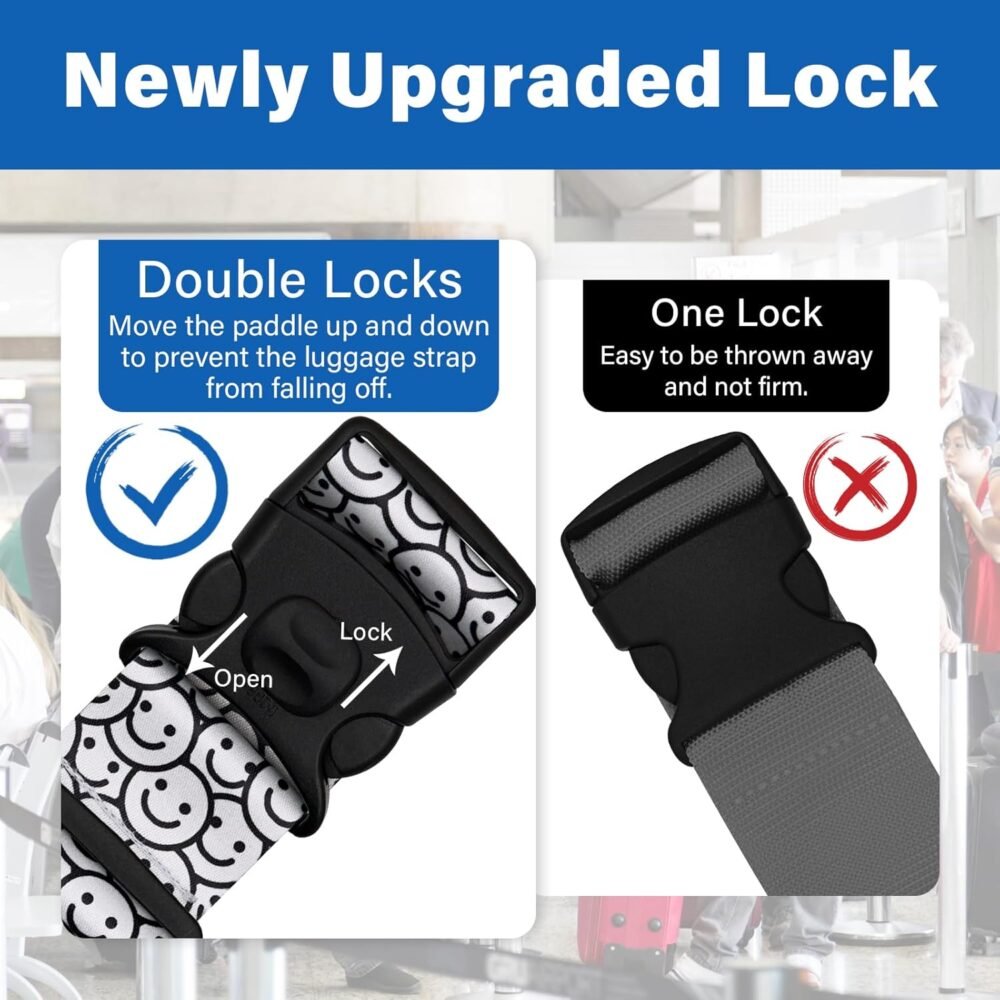 2 Pack Luggage Straps for Suitcases, Adjustable Travel Belt with Double Lock and Quick Release Buckle, Heavy Duty Nylon Bag Packing Strap, Bright Identifiers Business Travel Accessories-White Smiles - Image 2