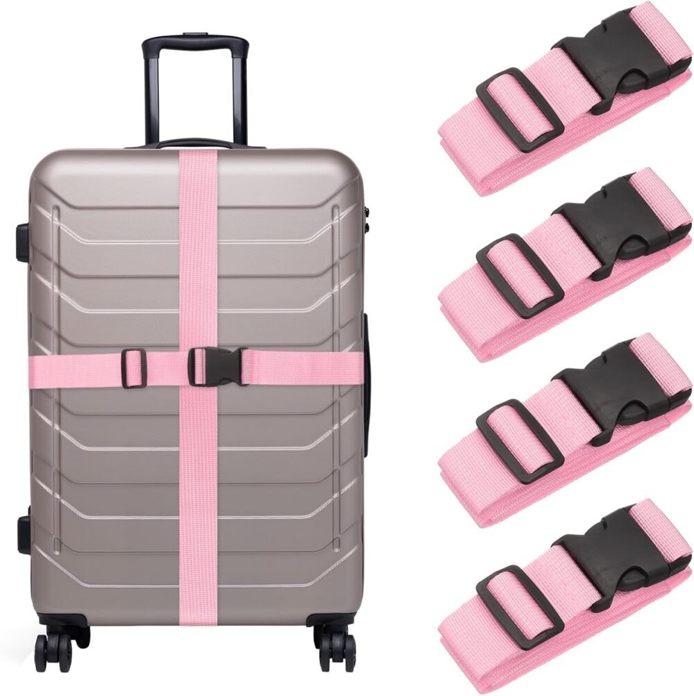 4 Pcs Luggage Straps for Suitcases, Adjustable Luggage Connector Strap Buckle Travel Suitcase Bag Strap Belt Luggage Accessories for Travel Suitcase Bag Connect, Pink