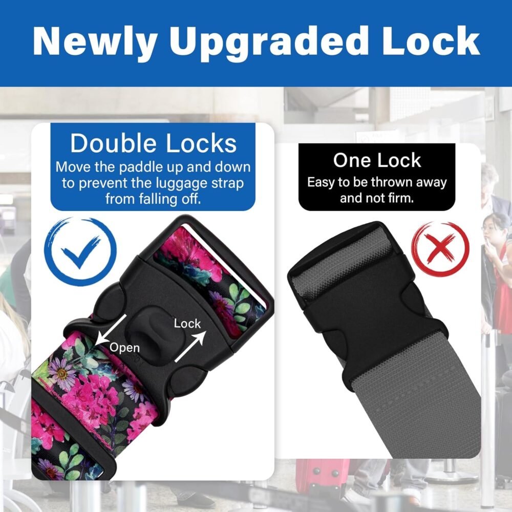 2 Pack Luggage Straps for Suitcases, Adjustable Travel Belt with Double Lock and Quick Release Buckle, Heavy Duty Nylon Bag Packing Strap, Bright Identifiers Business Travel Accessories-Pink Flowers - Image 2