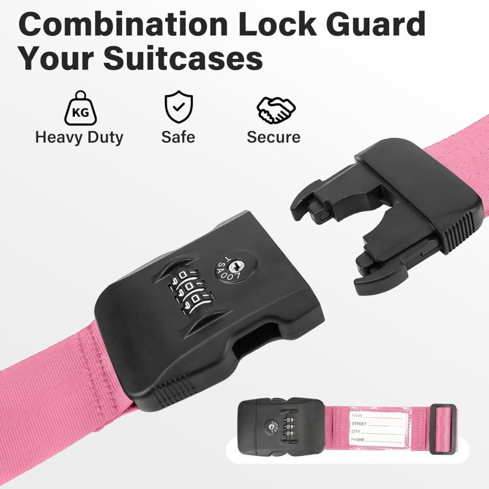Luggage Straps, Pink  Approved Luggage Strap Belt with Combination Lock for Suitcases, 2 Pack Adjustable Heavy Duty Cross Suitcase Straps with Name Tags for Travel, Carry On Bags, Protect Luggage - Image 2