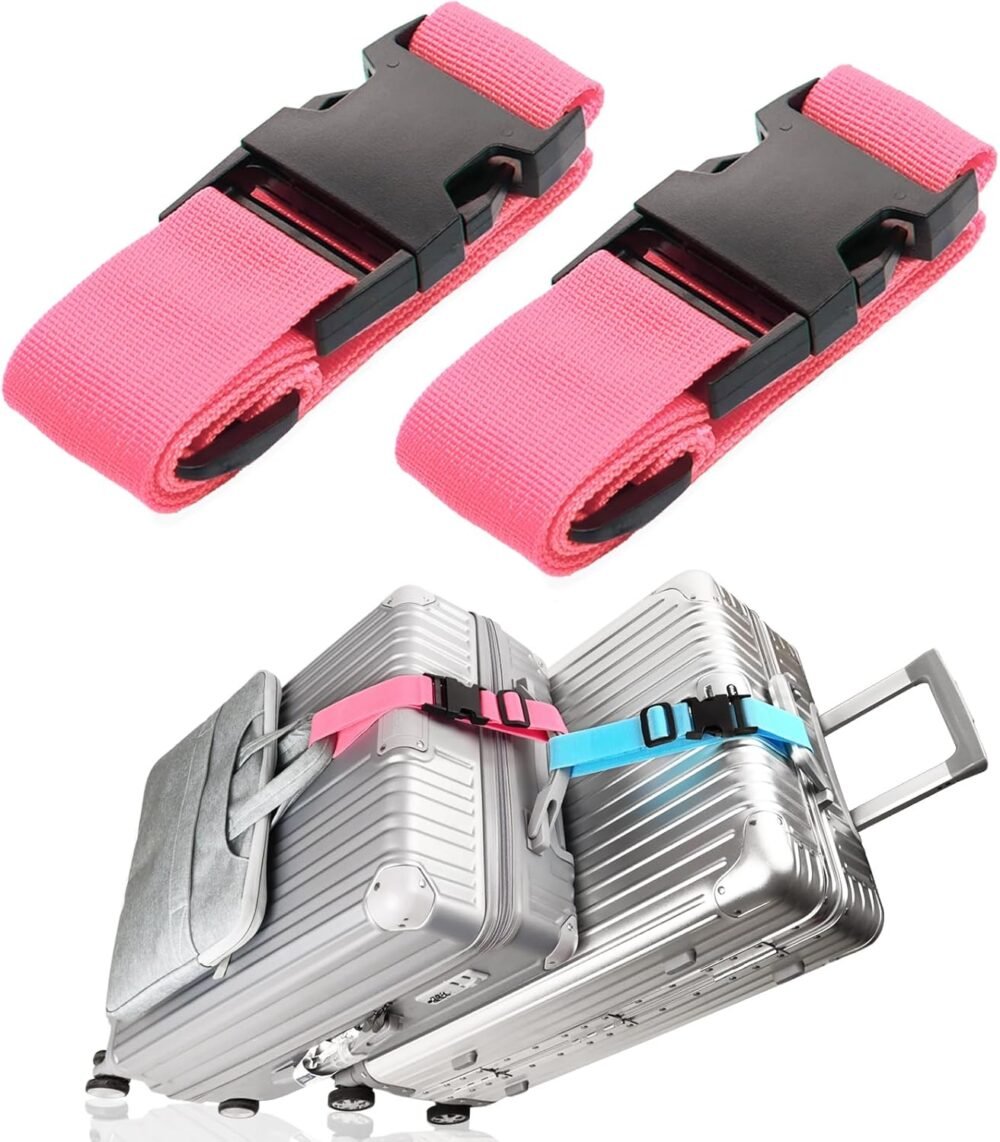 2Pack Luggage Straps for Suitcases, Travel Connector for Carry On Bag, Add A Bag to Connect Two Suitcases, Adjustable Belt Attachment Accessories for Connect Your 3 Luggages, Pink