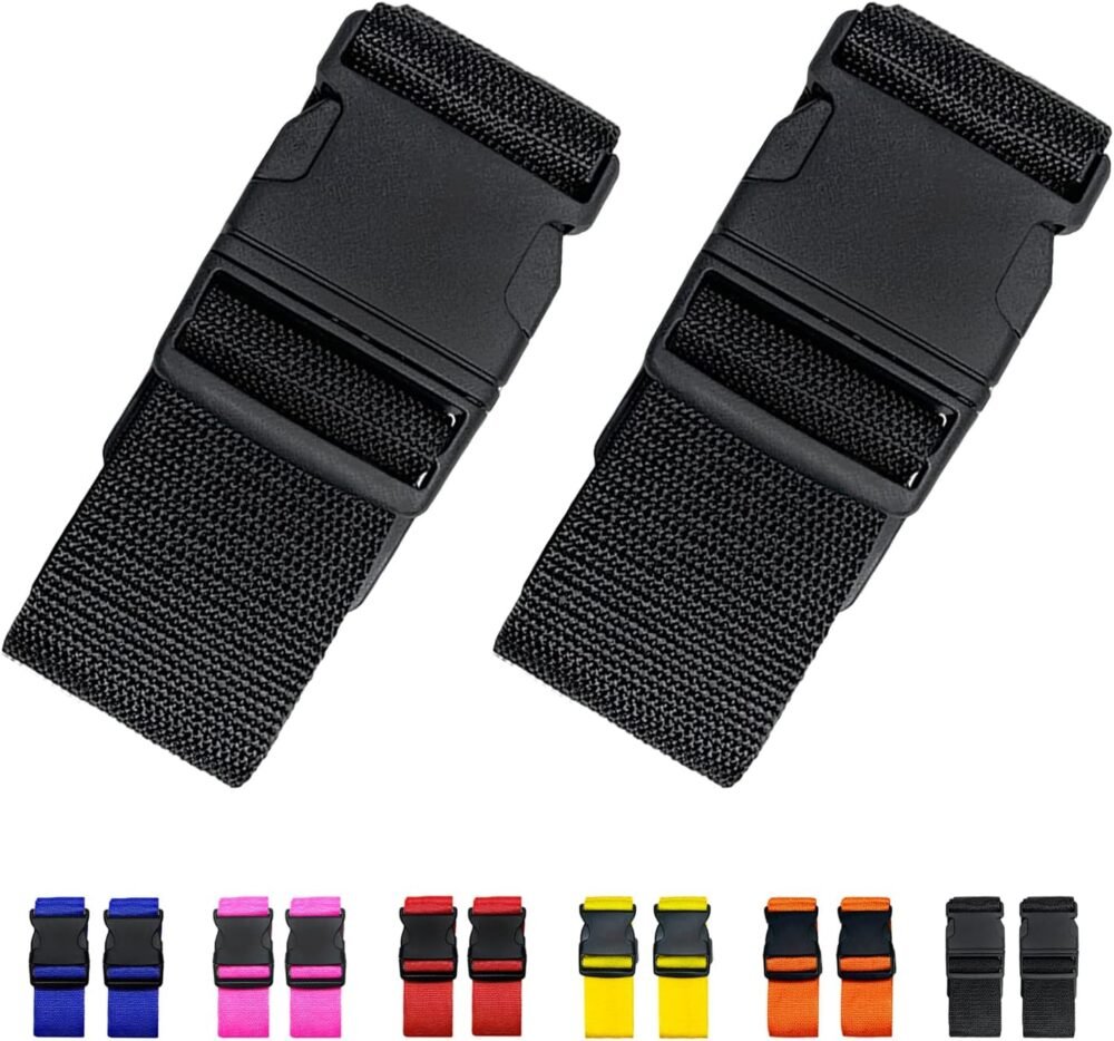 2 Pack Suitcase Straps, Bright Color Adjustable Luggage Belts,  Approved (Black)
