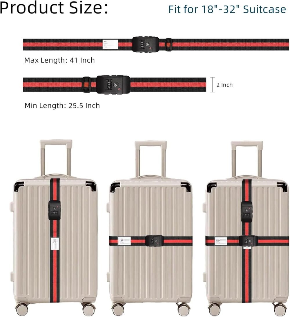 Travel Luggage Strap Adjustable Suitcase Packing Belt with  Combination Lock(Red+Black 2 Pack) - Image 2