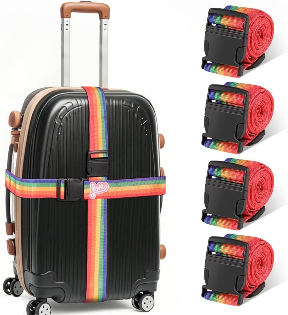 Adjustable Luggage Straps for Suitcases – 4 Pack Bright Colors, Quick-Release Buckle, Secure Travel Luggage Strap for Easy Identification and Safety(Iridescent)