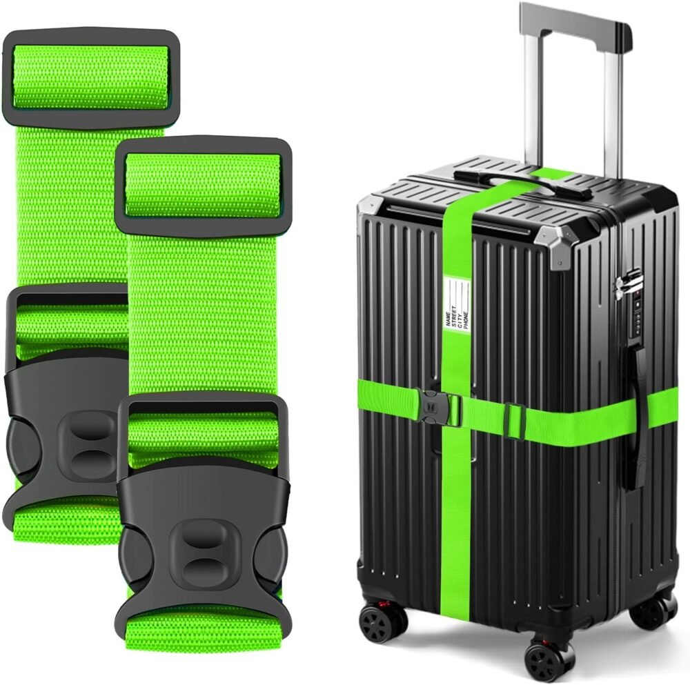 Luggage Straps 88 inch Adjustable Suitcase Belt, Lockable Against Accidental Opening, Easy to Identify Travel Accessories, Add a Bag Connector Holds Suitcase Together (Energetic Green, 2)