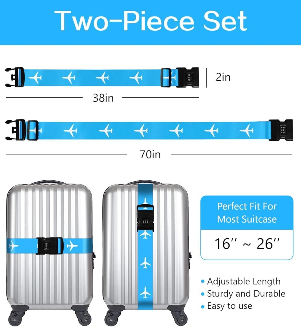 Luggage Straps for Suitcases Travel Belt Luggage Band with Lock Heavy Duty Traveling Luggage Identifier Blue Plane Cute Women Girls Unique Accesory Personalized - Image 2