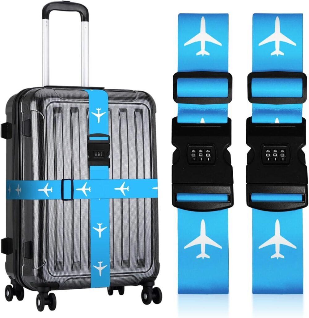 Luggage Straps for Suitcases Travel Belt Luggage Band with Lock Heavy Duty Traveling Luggage Identifier Blue Plane Cute Women Girls Unique Accesory Personalized