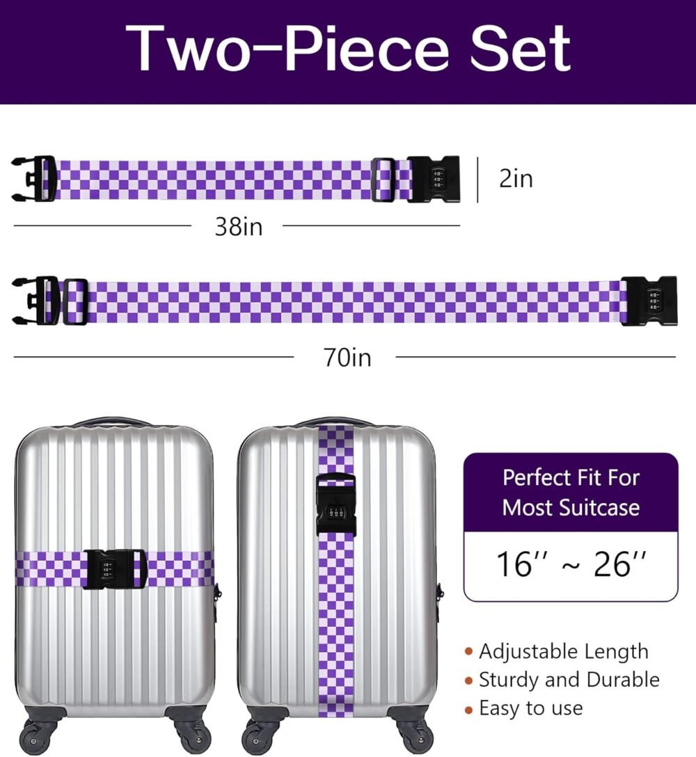Luggage Straps for Suitcases Travel Belt Luggage Band with Lock Heavy Duty Traveling Luggage Identifier Purple Checkered Plaid Cute Women Girls Unique Accesory Personalized - Image 2