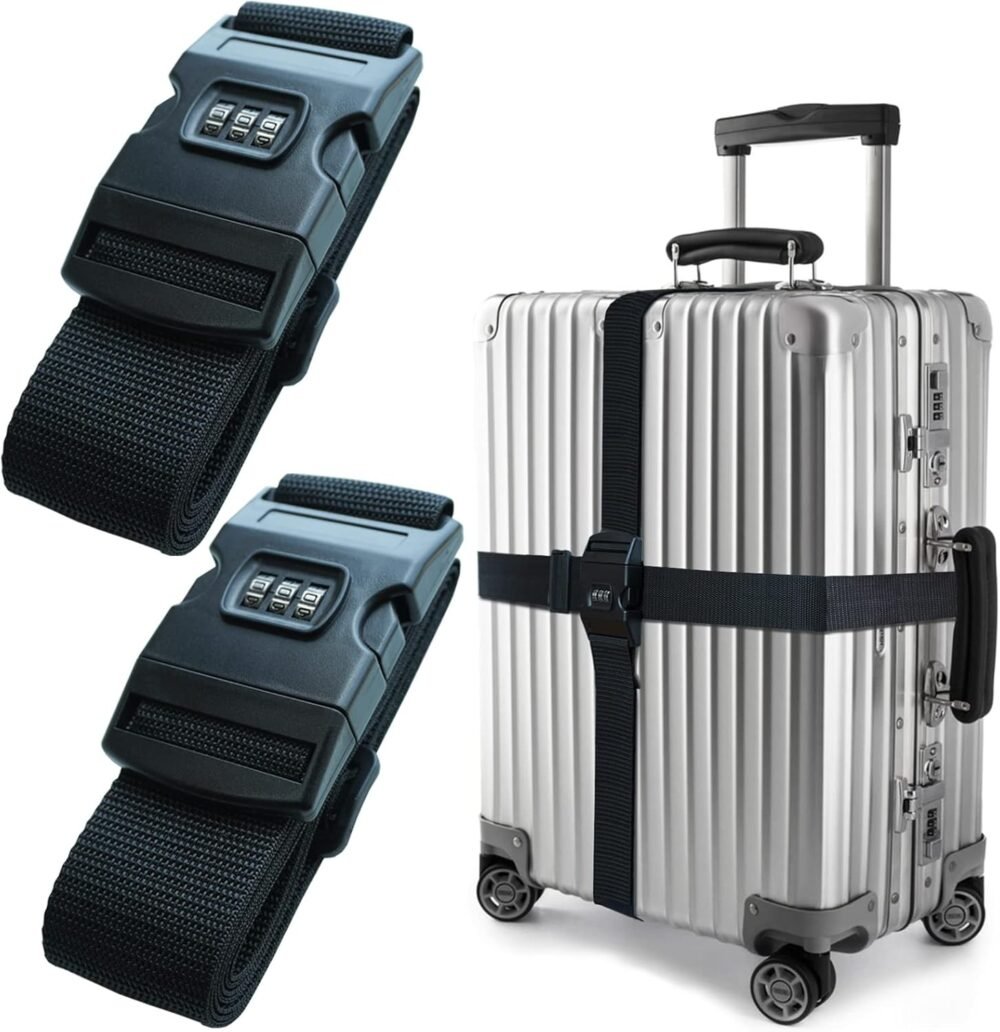 2 PCS Luggage Strap 78" x 2" Suitcase Belts Wide Adjustable Packing Straps Travel Accessories, Black&Combination Lock