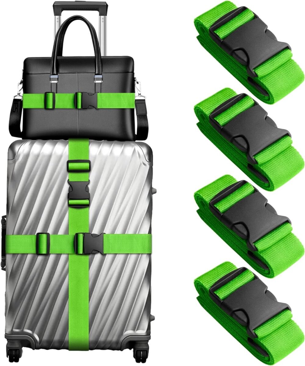 4 Pack Luggage Straps 79" Long Belts Keep Suitcase Secure, Easy to Identify Travel Belt Connector Holds Suitcase Together, Extends Life of Bag, Green