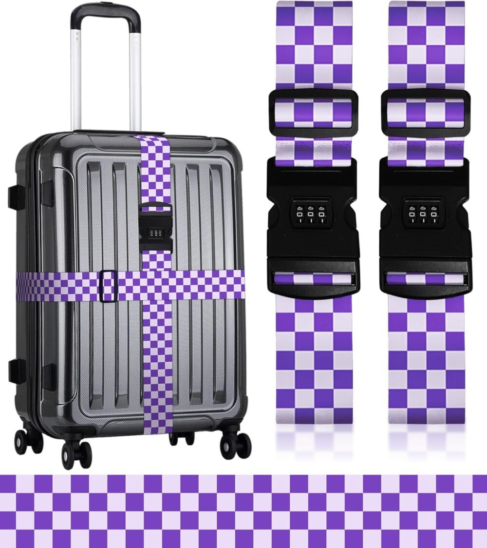 Luggage Straps for Suitcases Travel Belt Luggage Band with Lock Heavy Duty Traveling Luggage Identifier Purple Checkered Plaid Cute Women Girls Unique Accesory Personalized
