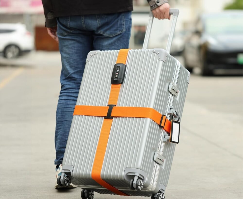 Luggage Strap - Secure Adjustable Strap for Suitcases with Combination Lock - Lockable Cross Case Travel Belt for Luggage with ID Tag - Orange - Image 2