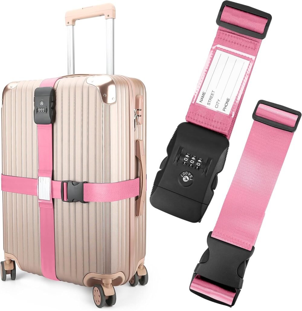 Luggage Straps, Pink  Approved Luggage Strap Belt with Combination Lock for Suitcases, 2 Pack Adjustable Heavy Duty Cross Suitcase Straps with Name Tags for Travel, Carry On Bags, Protect Luggage
