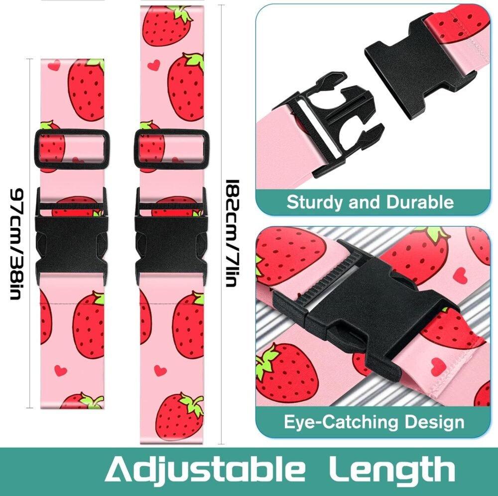 Luggage Straps for Suitcases Travel Belt Accessories Luggage Connector Identifiers 2 Pack Over Handle with Buckle Unique Nylon Adjustable Strap for Sleeping Bag Car Seat Lovely Strawberry - Image 2