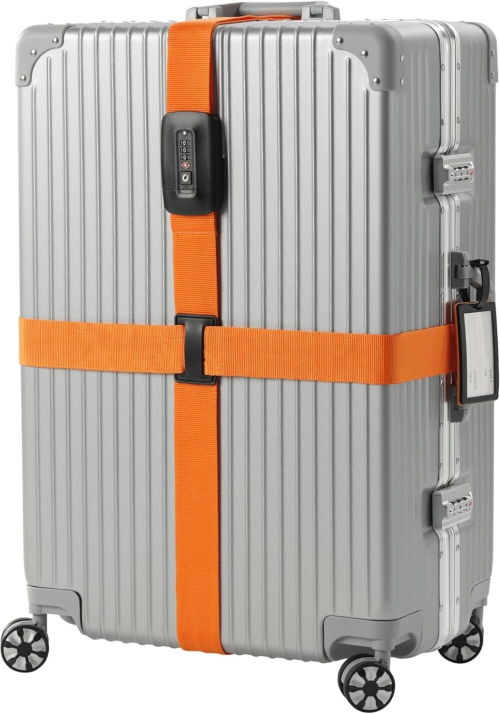 Luggage Strap - Secure Adjustable Strap for Suitcases with Combination Lock - Lockable Cross Case Travel Belt for Luggage with ID Tag - Orange