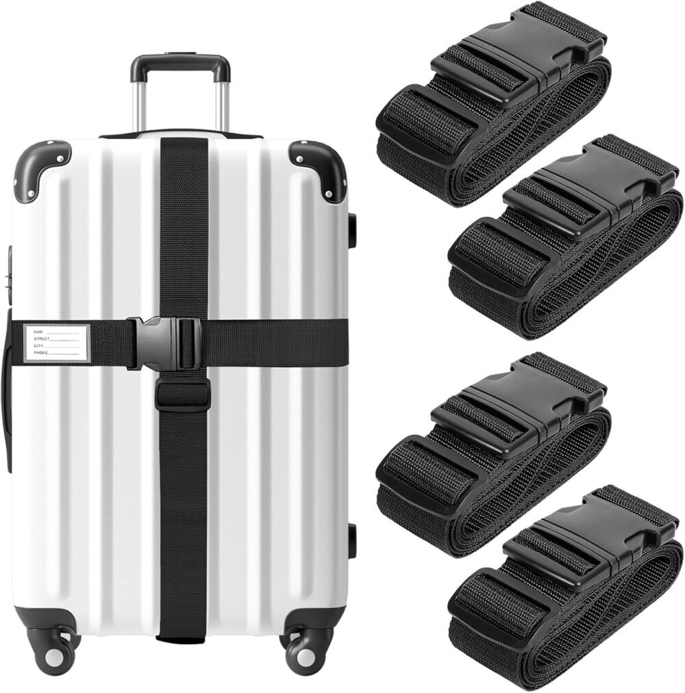 Luggage Straps for Suitcases  Approved, 4 Pack Adjustable Suitcase Straps for Luggage with Name Card Luggage Belt Strap Travel Belt for Luggage - Black