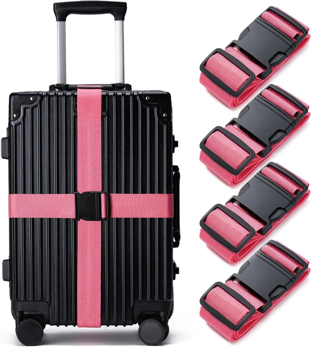 Luggage Straps for Suitcases 4 Pack,  Approved Travel Essentials, Luggage Strap for Travel Suitcase & Bag Closure and for Easy Identification, Travel Accessories for Safety & Convenience (Rose Red)