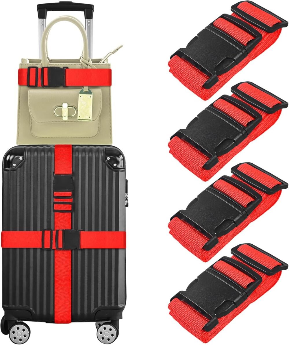 4 Pack Luggage Straps, Luggage Belt with Buckle Closure, Adjustable Luggage Belt for Travel Bag Closure, Luggage Security (Red)