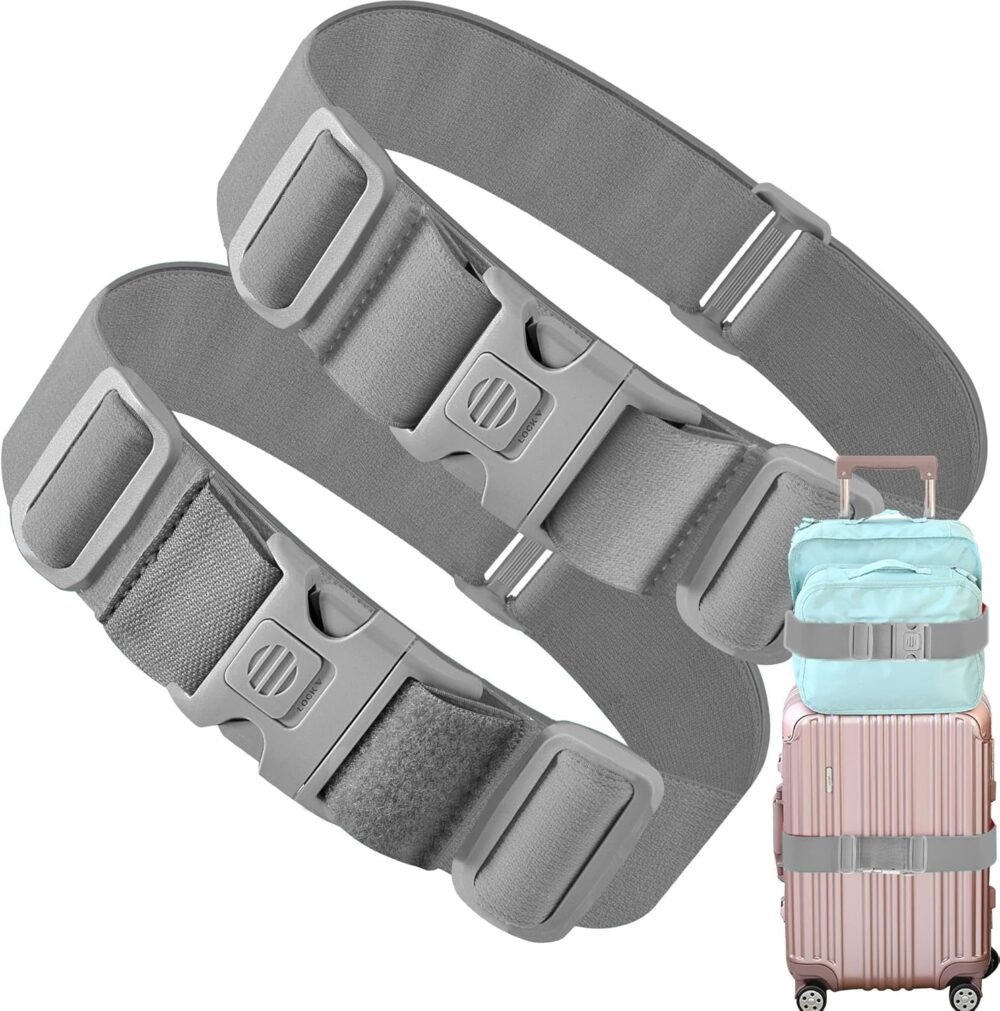 Luggage Straps,2 PCS High Elastic Suitcase Belt with Anti-Pinch Buckles, Heavy Duty Bag Bungees Travel Accessories, One Short and One Long,Gray