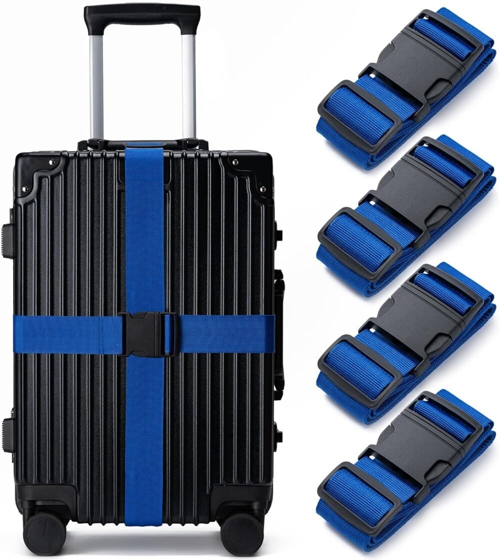 Luggage Straps for Suitcases 4 Pack,  Approved Travel Essentials, Luggage Strap for Travel Suitcase & Bag Closure and for Easy Identification, Travel Accessories for Safety & Convenience (Blue)