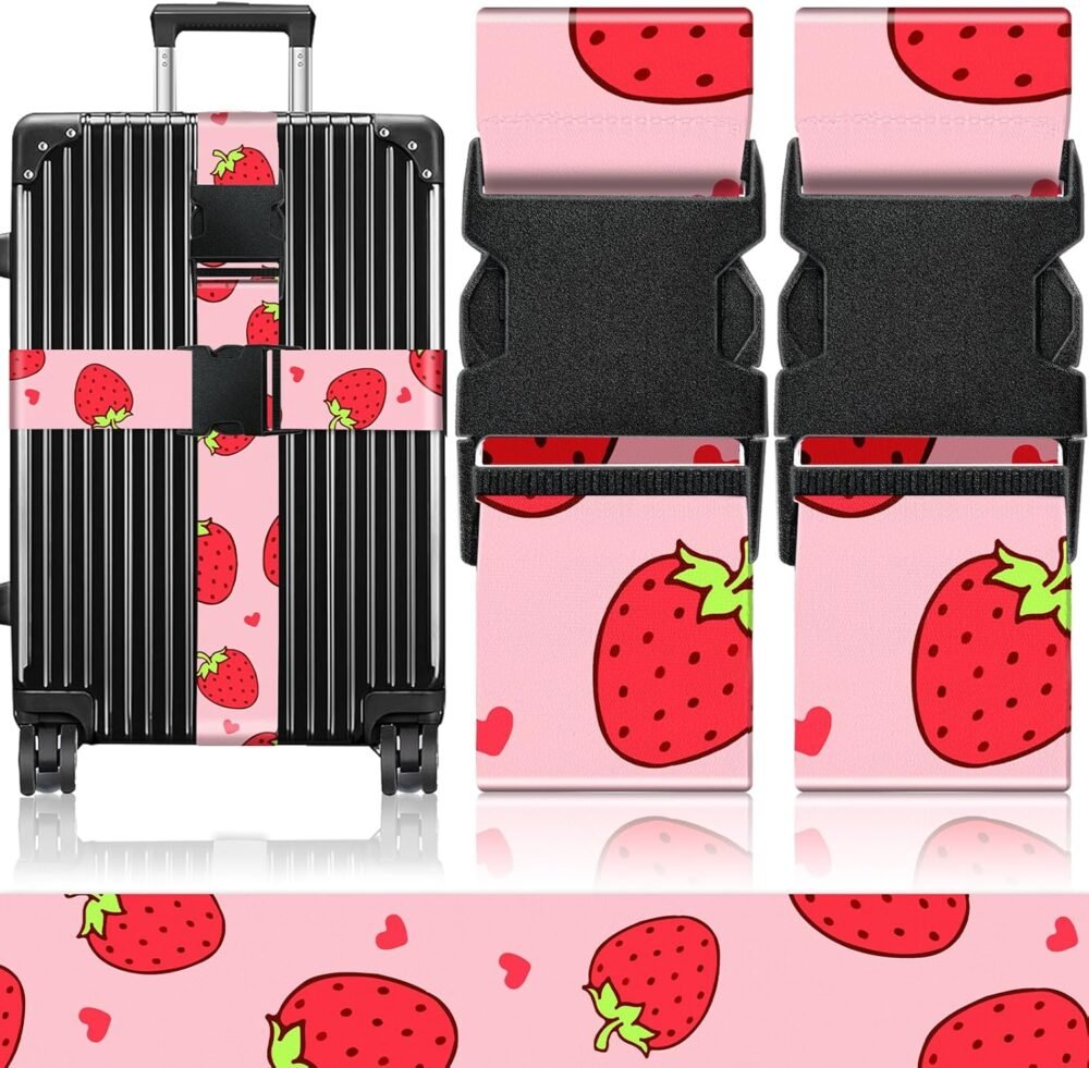 Luggage Straps for Suitcases Travel Belt Accessories Luggage Connector Identifiers 2 Pack Over Handle with Buckle Unique Nylon Adjustable Strap for Sleeping Bag Car Seat Lovely Strawberry