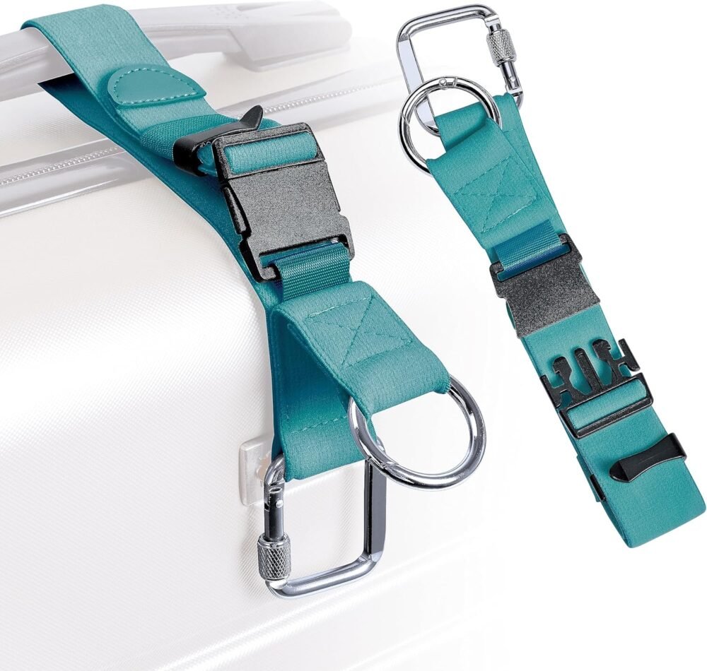 Luggage Straps Jacket Gripper with Square Carabiners & Ring Hooks Adjustable Baggage Suitcase Straps Belts Bag Travel Accessorie,Green